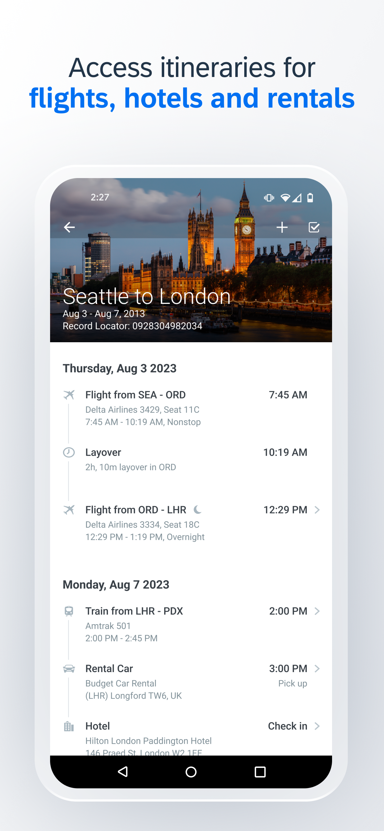 Travel itinerary view showing multi-leg trip from Seattle to London