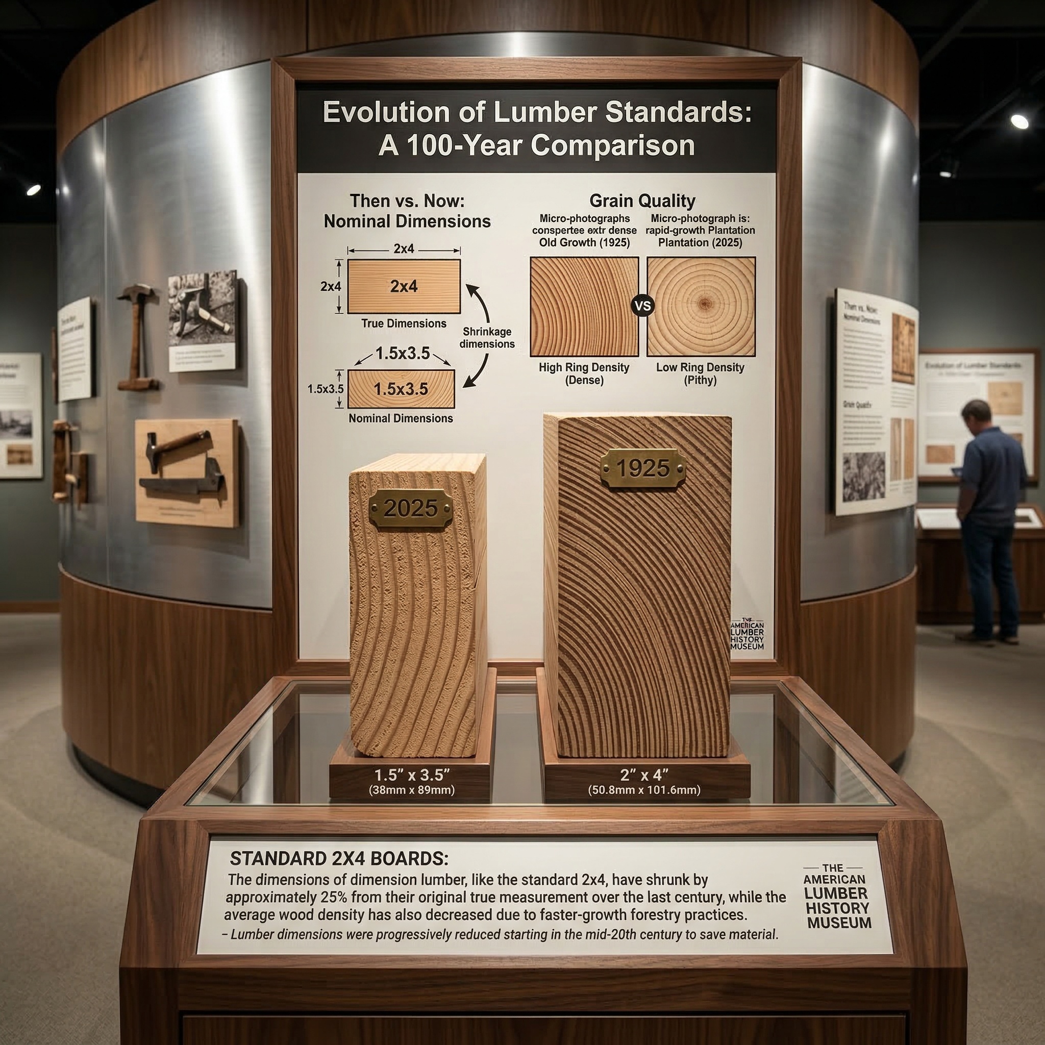 Exhibit comparing a 1925 full-dimension 2×4 with a modern 1.5×3.5 board, showing the dramatic size difference and grain quality change over 100 years.