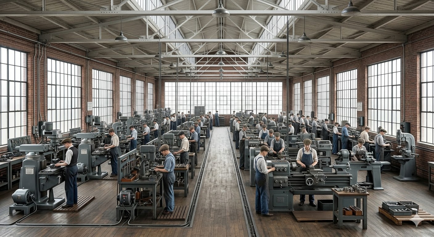 Stage 3 factory: clean open ceiling, every machine has its own motor, logical floor layout