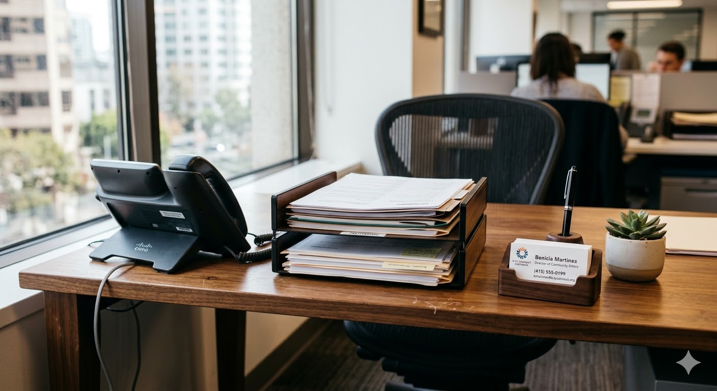 An office desk with a business card holder reading: Benicia Martinez, Director of Community Affairs, (415) 555-0199