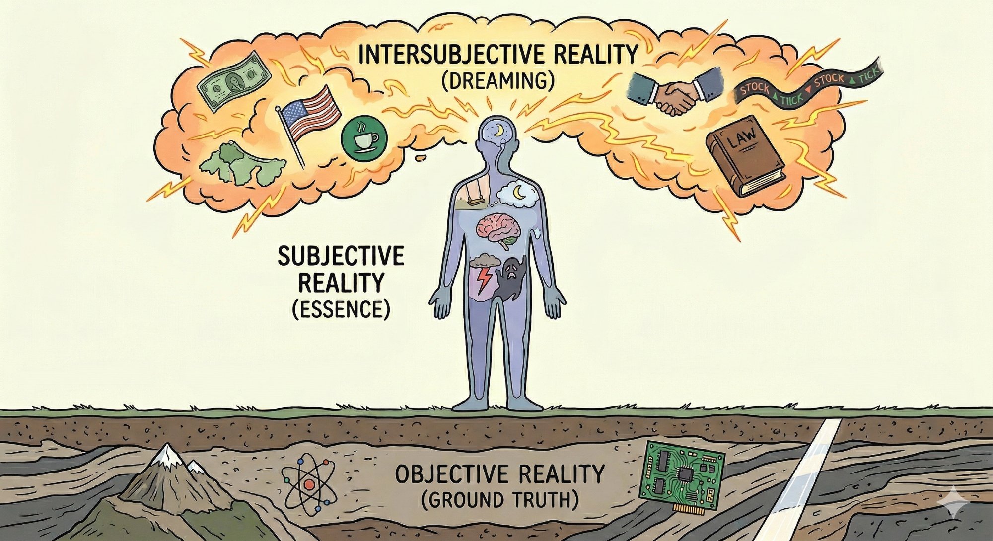 Illustration showing three layers of reality — Objective Reality as solid ground, Subjective Reality as a person's inner world, and Intersubjective Reality as a luminous shared cloud above