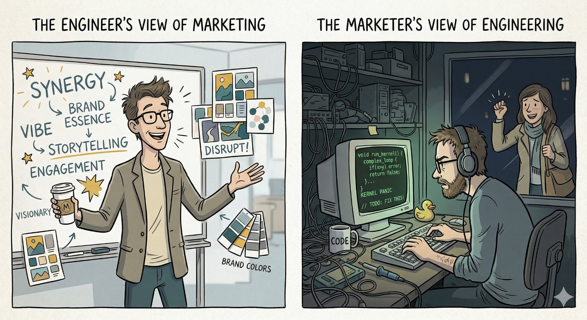 Diptych illustration: the left panel shows how engineers see marketers — buzzwords and lattes; the right panel shows how marketers see engineers — headphones, dark room, oblivious to the customer at the window