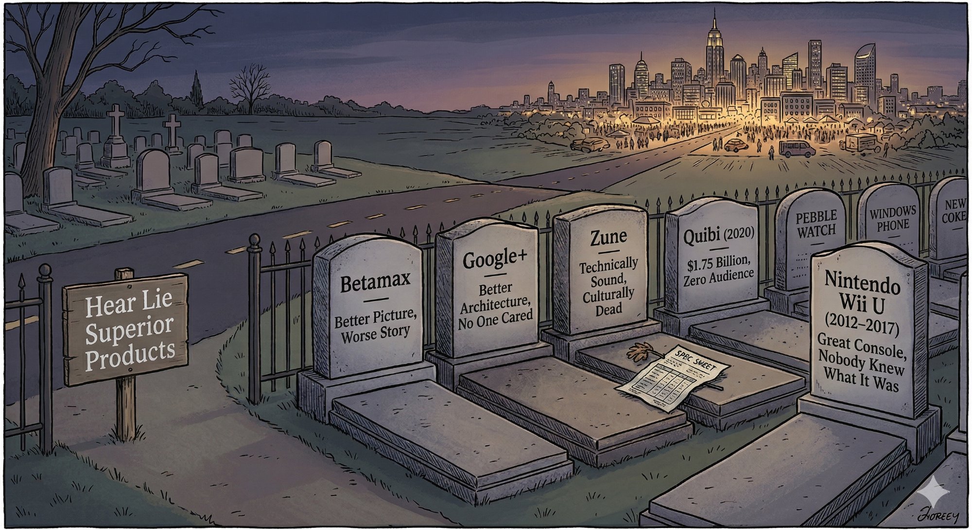 Illustration of a graveyard at dusk with tombstones for failed superior products — Betamax, Google+, Zune, Quibi, and Nintendo Wii U — with a glowing city of successful competitors in the background